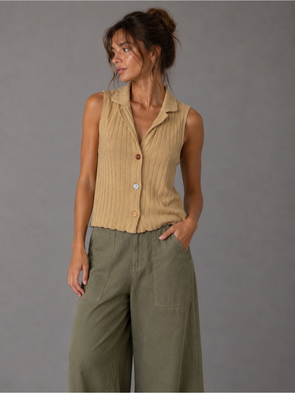 Madewell Ribbed Sweater Vest Tan Sleeveless Collared Button Front Large L